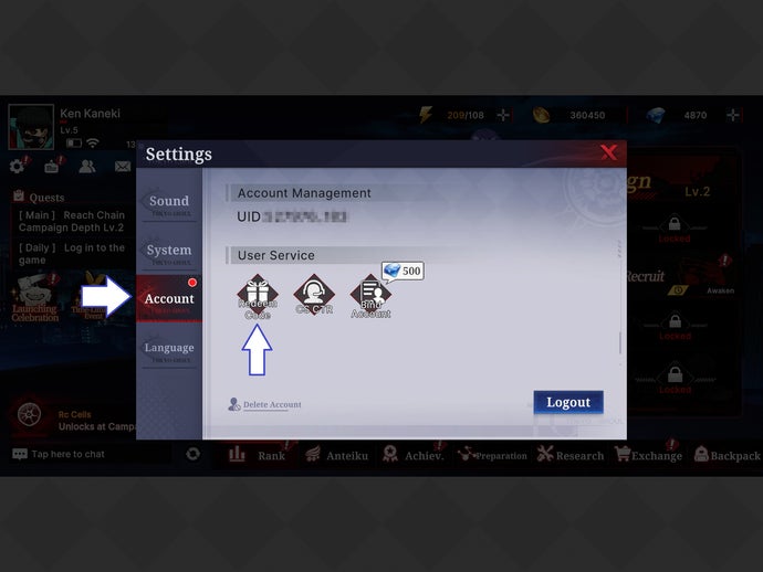 The account and redeem code buttons in the mobile gacha game Tokyo Ghoul Break the Chains.
