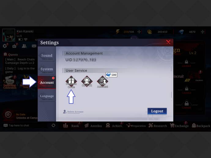 The account and redeem code buttons in the mobile gacha game Tokyo Ghoul Break the Chains.