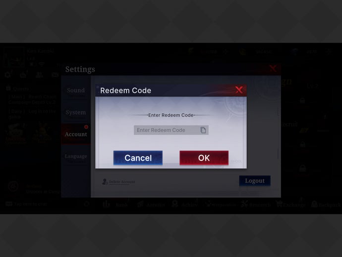 The codes menu in the mobile gacha game Tokyo Ghoul Break the Chains.