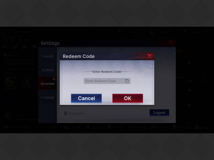 The codes menu in the mobile gacha game Tokyo Ghoul Break the Chains.