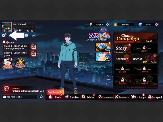 The settings button in the mobile gacha game Tokyo Ghoul Break the Chains.
