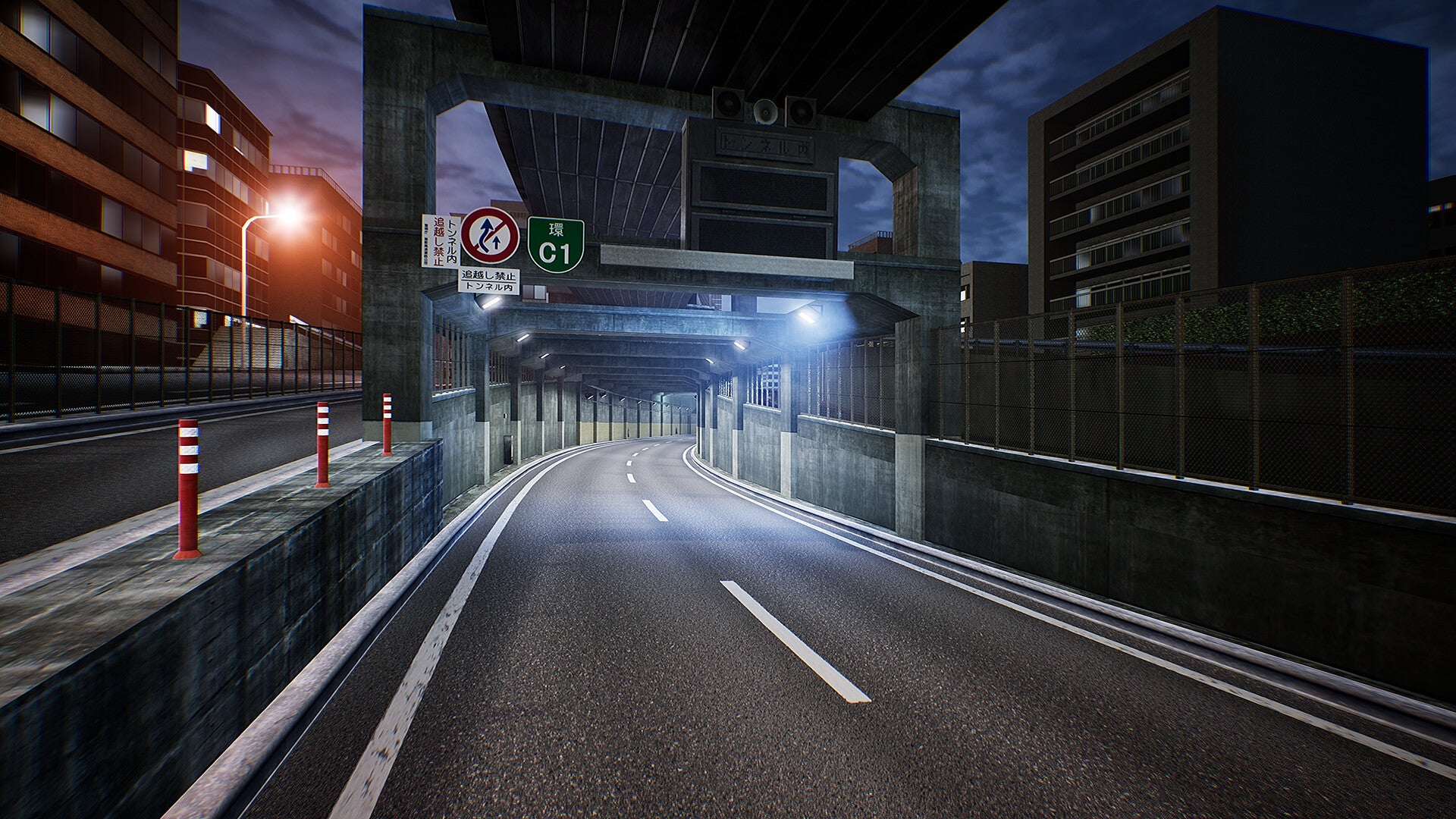 An expressway at night flanked by tall buildings in Tokyo Xtreme Racer. - 1