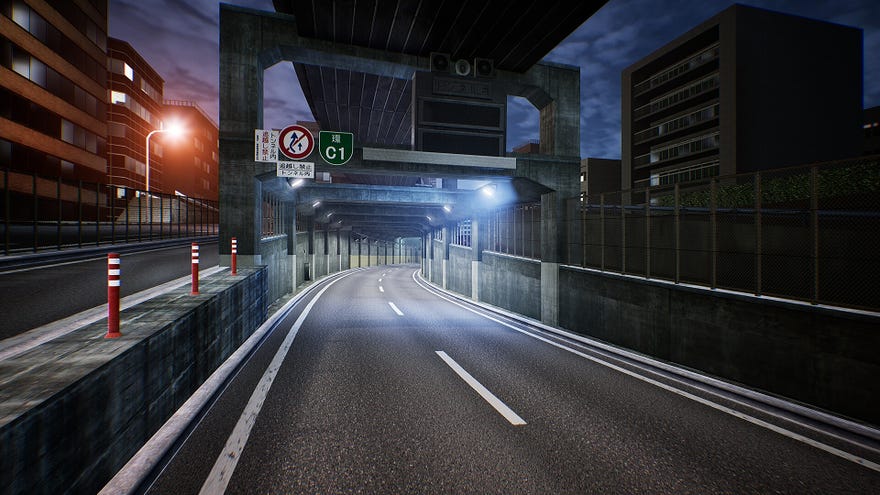 An expressway at night flanked by tall buildings in Tokyo Xtreme Racer.
