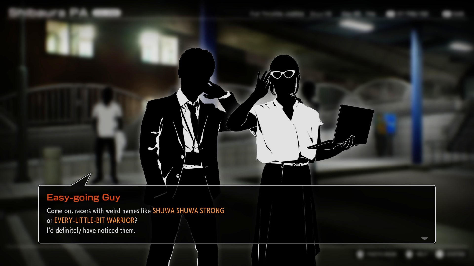 Two characters talking about weirdly named racers in Tokyo Xtreme Racer.