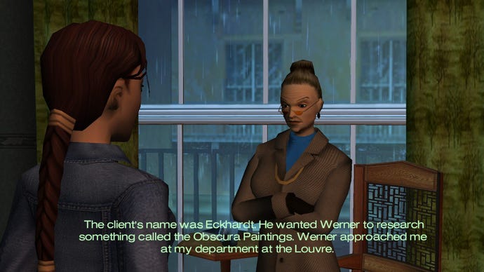 A side-by-side comparison of two Angel Of Darkness scenes. This one shows a polygonal model of an old woman talking to Lara.