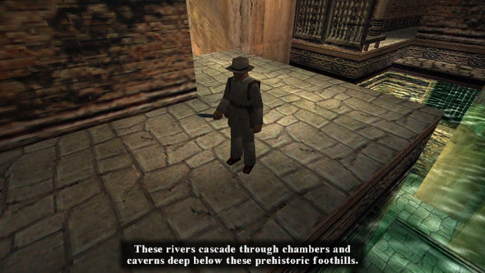 A blocky Von Troy tells us about rivers in the old version of The Last Revelation, next to a shimmering water source.