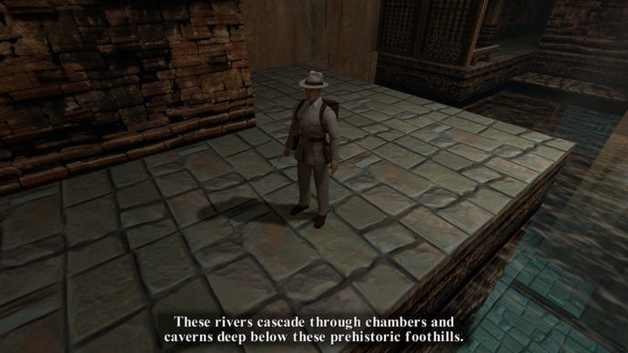 A modernised Von Troy speaks in the remastered view of The Last Revelation, next to a duller water feature.