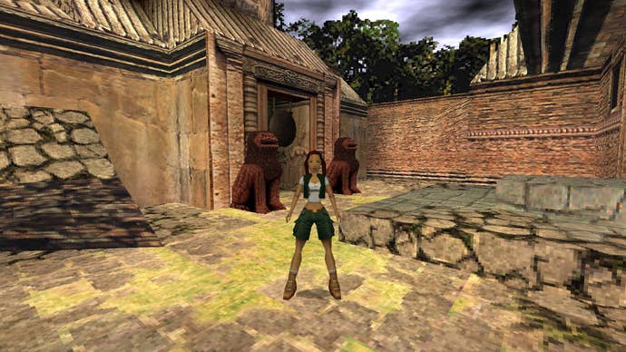 A side-by-side comparison displays Lara as a teen in Angkor Wat, with pixelated textures and blocky models.