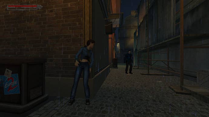 Lara peers around a corner to see a guard patrolling in Angel Of Darkness.