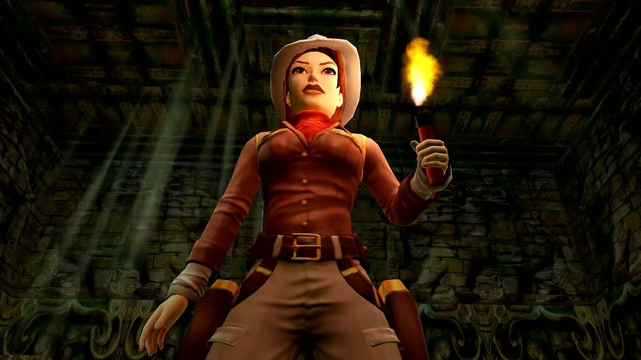 tomb raider 1-3 remastered's lara croft holding a lit flare. She is wearing adventure gear