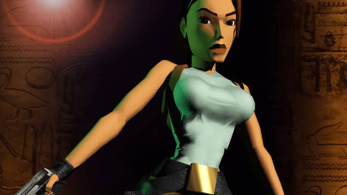 The cover for the original Tomb Raider game from the 90s, showing Lara Croft holding two pistols with a cave-like background.