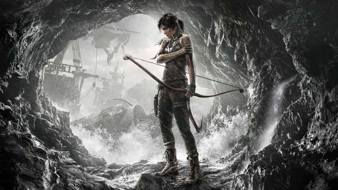 Artwork for Tomb Raider (2013), showing Lara Croft holding a bow while standing in a cave.