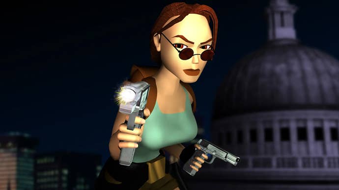 Artwork for Tomb Raider 3, showing Lara Croft holding two pistols with a cityscape in the background.