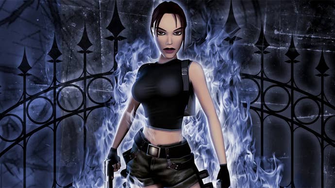 Artwork for Tomb Raider: The Angel of Darkness, showing Lara Croft holding two guns with a large gate in the background.