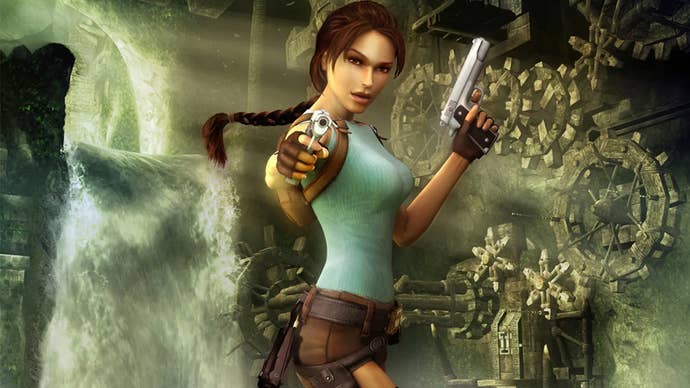 Artwork for Tomb Raider: Anniversary, showing Lara Croft holding two guns with a tomb in the background.