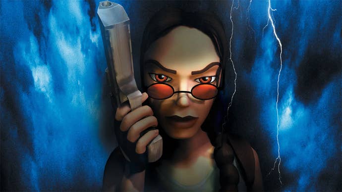 Artwork for Tomb Raider: Chronicles, showing Lara Croft holding a gun with lightning in the background.