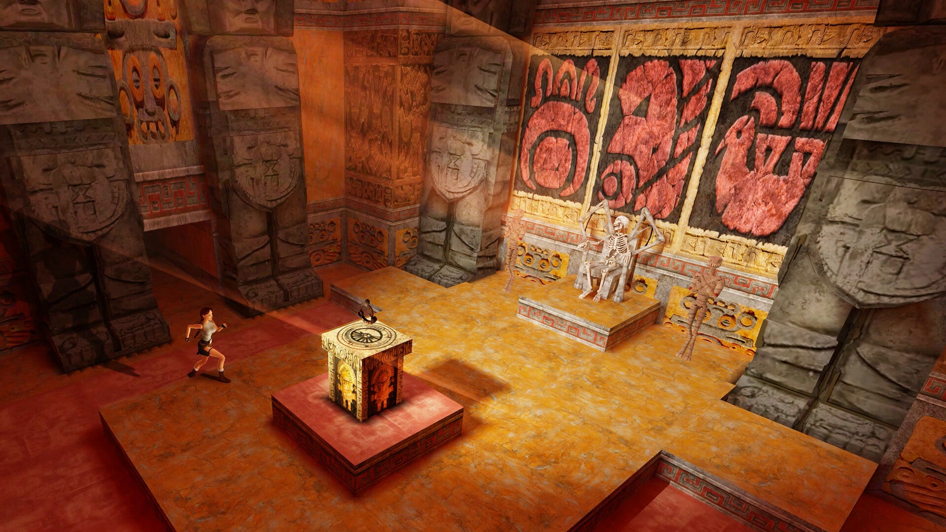 Lara Croft runs through a cavernous, abandoned hall with ancient statues and wall carvings. She's approaching a plinth with an artefact on top. A mummified corpse and a skeleton with wings on a throne seem to watch her. - 4