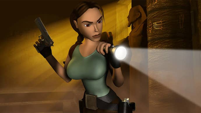 Artwork for Tomb Raider: The Last Revelation, showing Lara Croft holding a torch in a tomb.