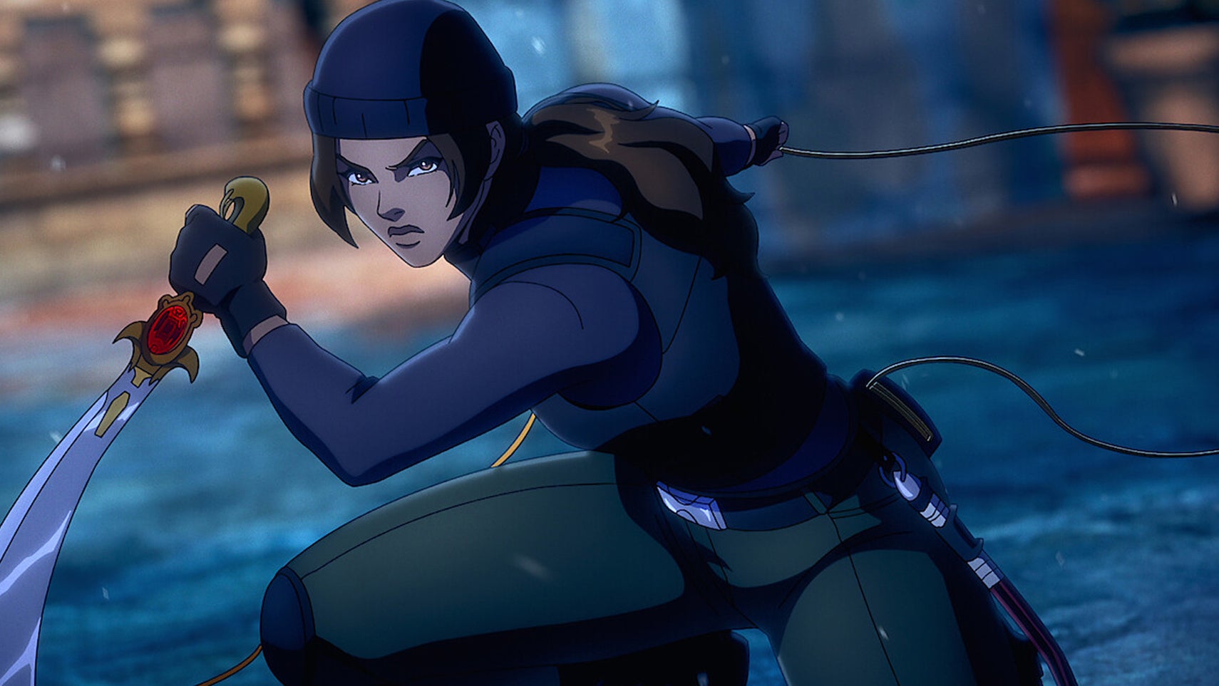 A still from Netflix's Tomb Raider anime showing Lara Croft in stealthy gear holding a scimitar. - 1