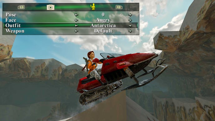 The photo mode menu for Tomb Raider I-III Remastered, showing Lara riding a snow mobile through the air.
