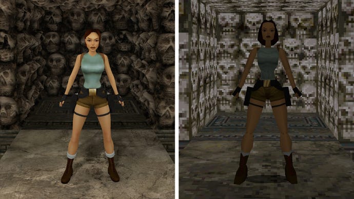 A comparison between the new and old visuals of Tomb Raider 1-3 Remastered Trilogy, featuring Lara standing in front of a nook made out of skulls