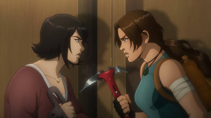 An image from Tomb Raider: The Legend of Lara Croft's second season showing Lara Croft and Sam Nishimura angrily confronting one another.