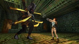 Lara Croft points pistols at a baddie in the remastered Tomb Raider trilogy.