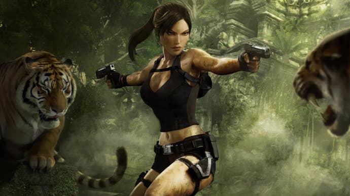 Artwork for Tomb Raider: Underworld, showing Lara Croft pointing guns at two tigers.