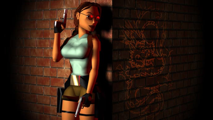 A Tomb Raider 2 render of Lara Croft, in iconic green top and brown hot pants, backed up against the corner of a wall, gun at the ready.