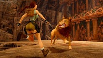 A screenshot from the remastered Tomb Raiders. We see Lara from behind as she hops away from a snarling lion, in a sandy, desert temple area.