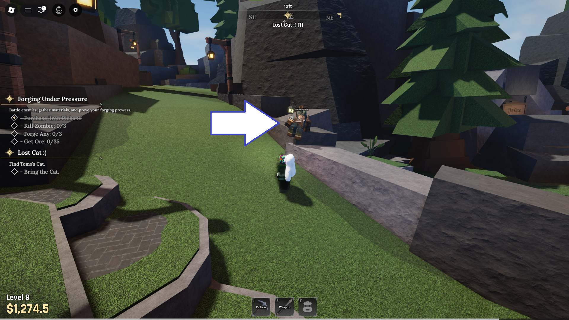 A screenshot of The Forge in Roblox showing Tomo's location. - 3