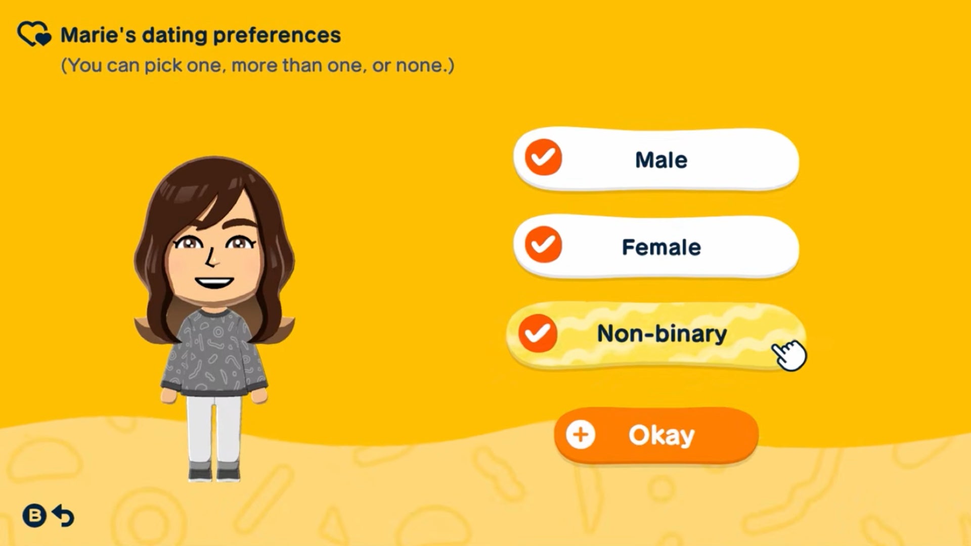 Here's how Tomodachi Life: Living the Dreams' dating preferences set-up appears in-game.
