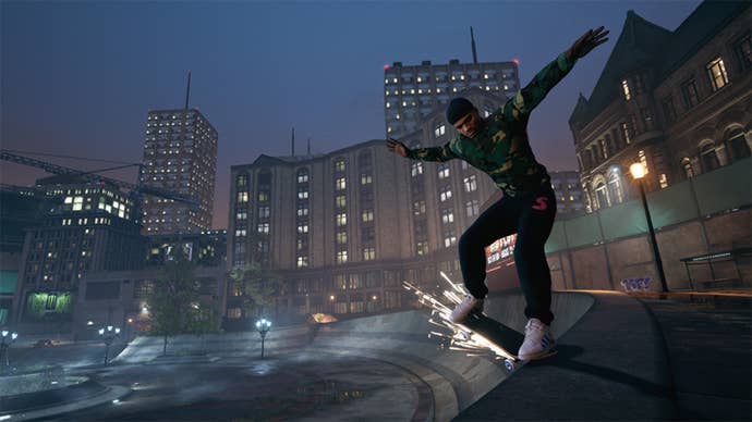 A skateboarder nailing a grind in Tony Hawk’s Pro Skater 1 + 2.