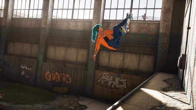 A skater performs a revert in mid-air in an abandoned factory in this screen from Tony Hawk’s Pro-Skater 1+2