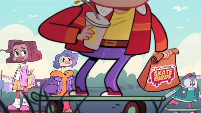 Anthropomorphic birds are in a park, some riding skateboards, one with a brown paper bag that says Tony Hawk’s Skatebirds on it.