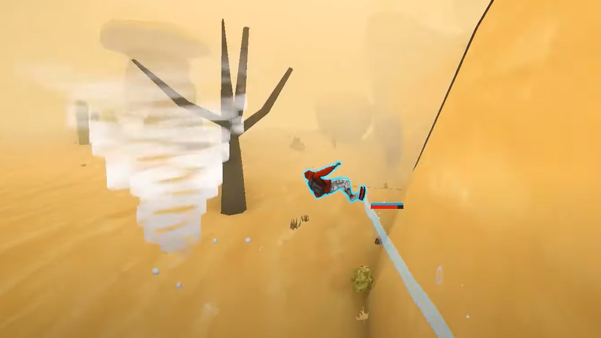 Tony McZoom rides along a desert environment in Megabonk, past a large tornado. - 7