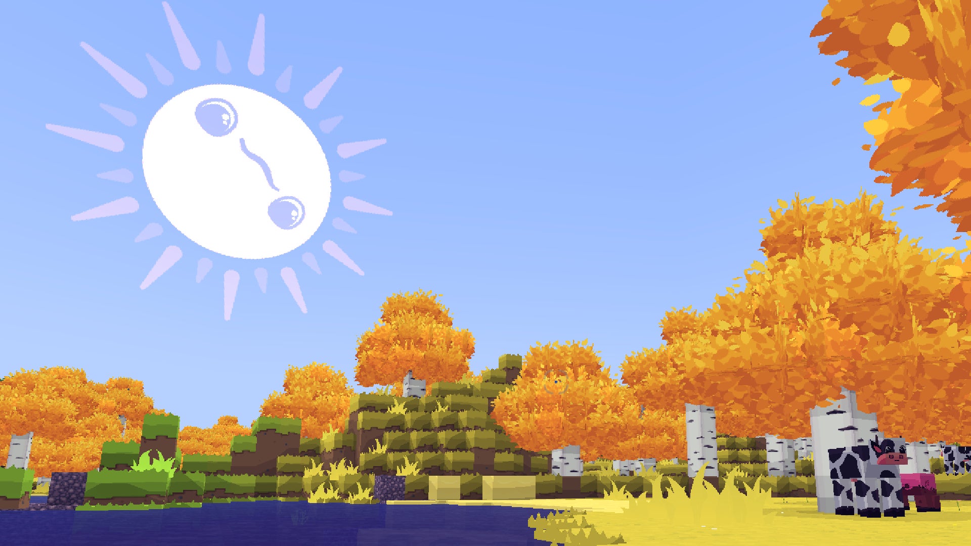 The Tooniverse texture pack in Minecraft, which has transformed everything with brighter colours and a huge smiling sun in the sky. - 7