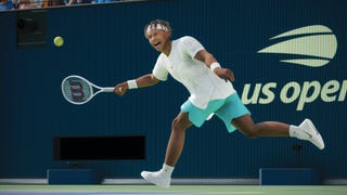A tennis player stretches for the ball while screaming in TopSpin 2k25.