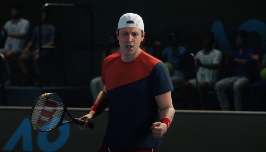 A tennis player holding a racket celebrates a point in TopSpin 2k25.