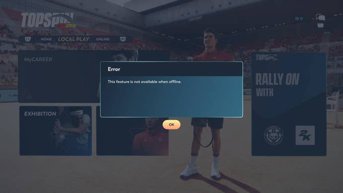 Screenshot of TopSpin 2K25 menu with error message due to no online connection