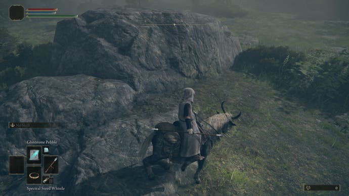 A top down shot of half-goat, half-horse mount Torrent walking over some rocks in Elden Ring.