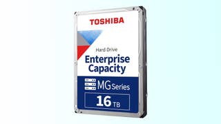 Toshiba Enterprise 16TB HDD on a gradient background.