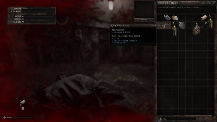 A screenshot from Total Chaos showing a backpack inventory screen, and the assortment of items in it - cigarettes, a pop-strip of pills, some rotten meat. We also see the player’s various survival gauges, which cover health, stamina, hunger, bleeding and madness.