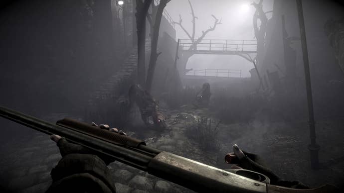 Fighting some horrible dogs with a shotgun in Total Chaos.