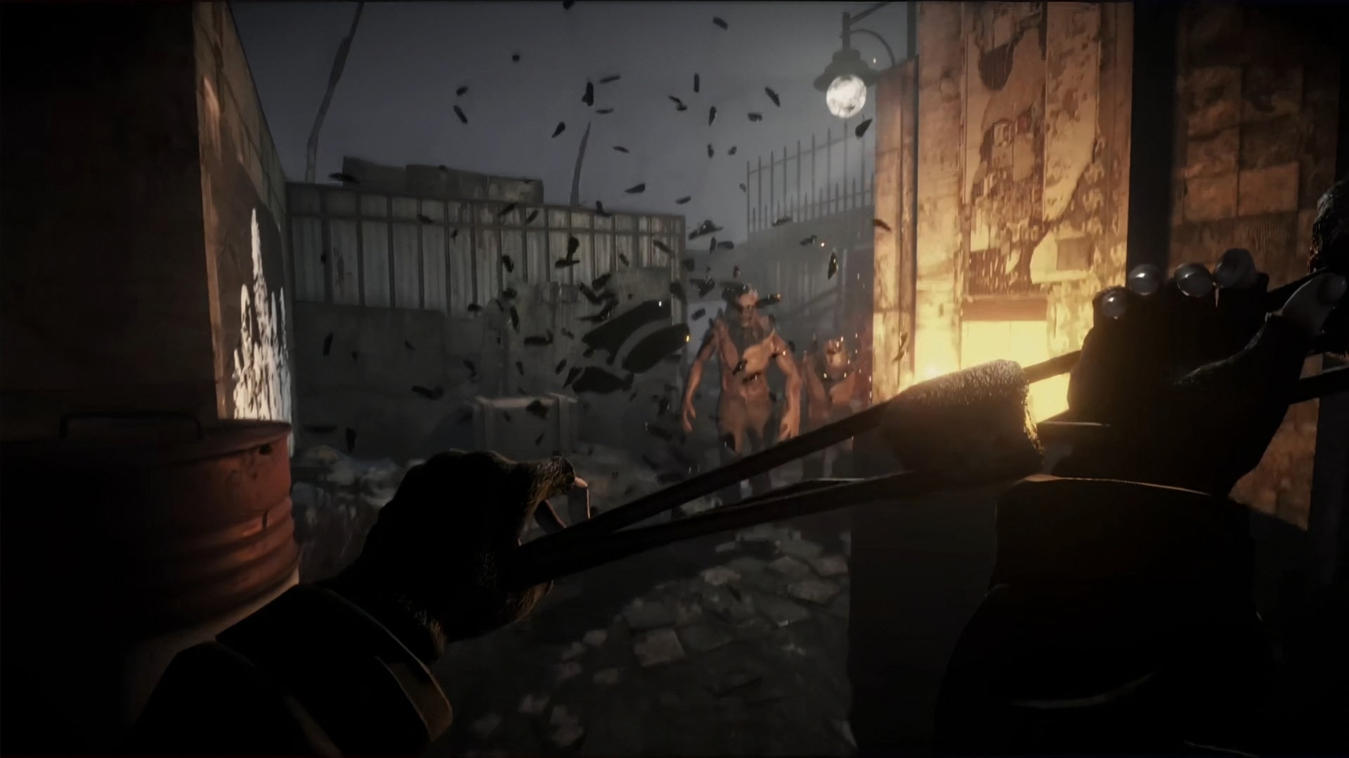 A screenshot from the Total Chaos trailer, showing the player deflecting a bottle being thrown at them.