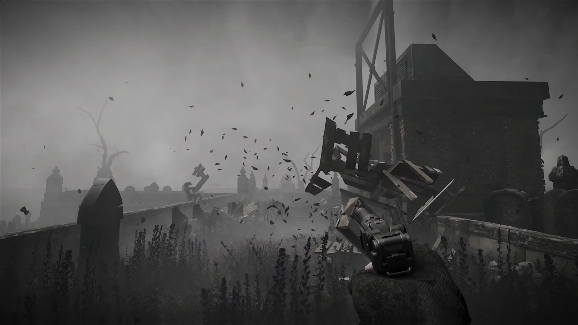 A screenshot from the Total Chaos trailer, showing the section in Chapter 1 where players can enter the graveyard and fight the invisible ghost.