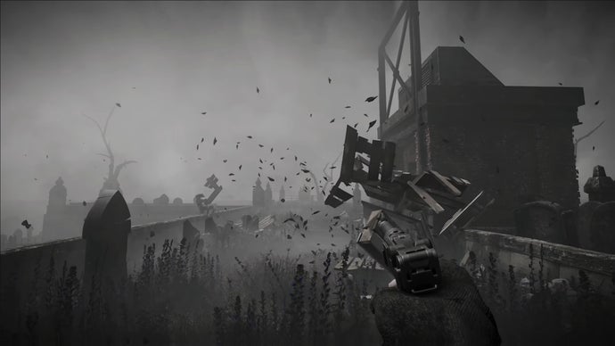 A screenshot from the Total Chaos trailer, showing the section in Chapter 1 where players can enter the graveyard and fight the invisible ghost.