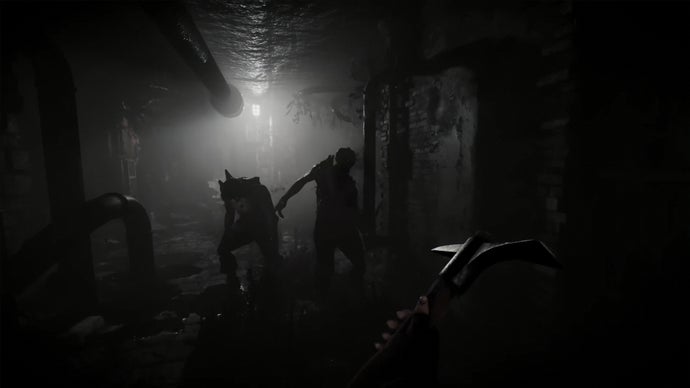 A screenshot from the Total Chaos trailer, showing the player attacking two demons with a pickaxe.