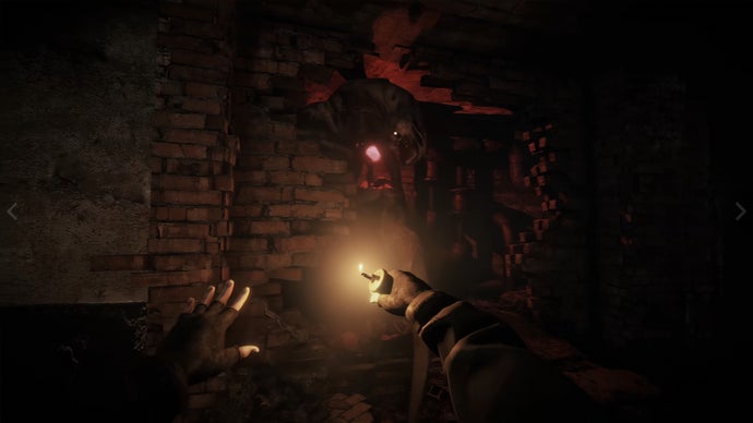 A screenshot from Total Chaos, showing the players encountering a flesh monster while holding only their lighter.