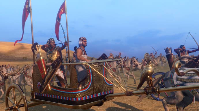Ramesses going into battle on a chariot in Total War: Pharaoh